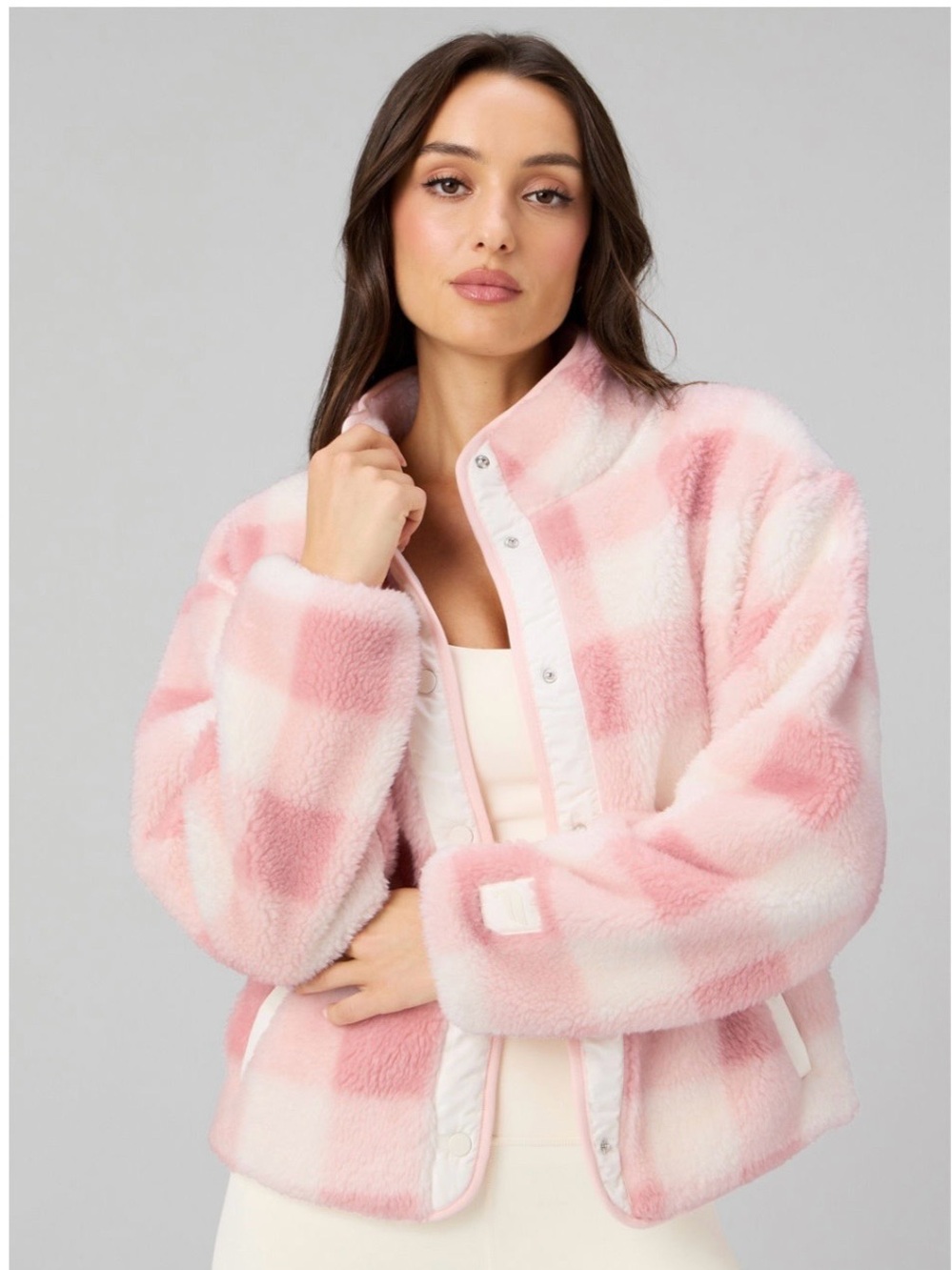 Fabletics Pink and White Plaid Teddy Jacket